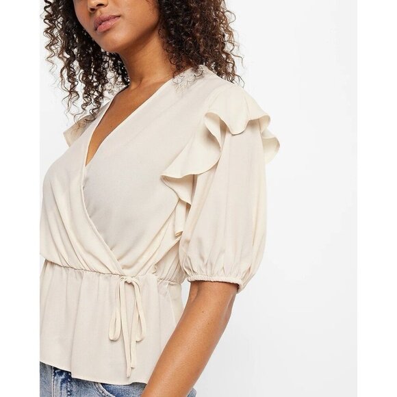 Express Women's Faux Wrap Puff Sleeve Peplum Top Sandshell Size XS - NWT $54 - Picture 2 of 16